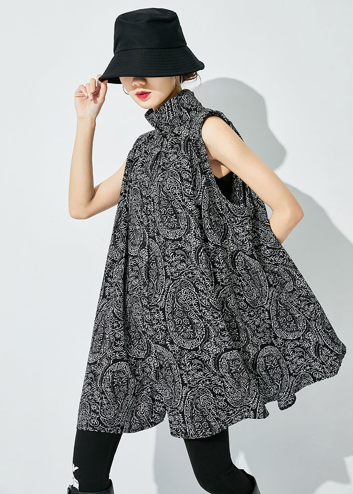 Handmade Black Oversized Print Cotton Shirts Sleeveless