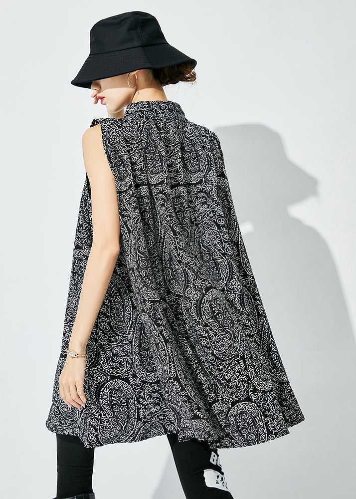 Handmade Black Oversized Print Cotton Shirts Sleeveless