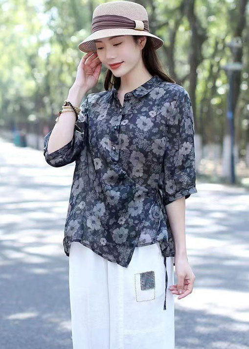 Handmade Black Peter Pan Collar Print Patchwork Linen Shirts Summer