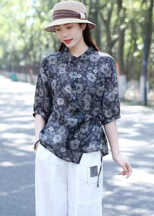 Handmade Black Peter Pan Collar Print Patchwork Linen Shirts Summer