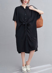 Handmade Black Peter Pan Collar Tie Waist Long Dresses Summer