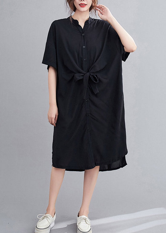 Handmade Black Peter Pan Collar Tie Waist Long Dresses Summer