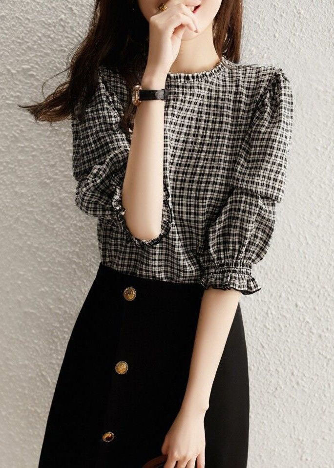 Handmade Black Plaid Ruffled Patchwork Cotton Tops Spring