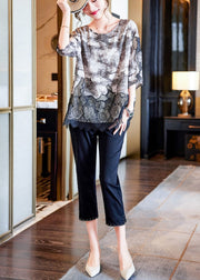 Handmade Black Print Patchwork Lace Chiffon Blouses Summer