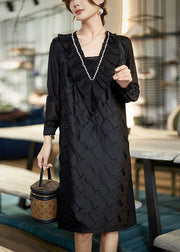 Handmade Black Ruffled Zircon Patchwork Cotton Mid Dress Spring