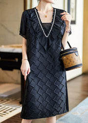 Handmade Black Ruffled Zircon Patchwork Cotton Mid Dress Spring