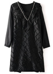 Handmade Black Ruffled Zircon Patchwork Cotton Mid Dress Spring