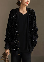 Handmade Black Sequins Button Pockets Cotton Coat Spring