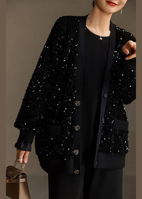 Handmade Black Sequins Button Pockets Cotton Coat Spring