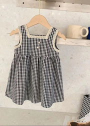 Handmade Black Square Collar Plaid Lace Patchwork Cotton Kids Mid Dress Sleeveless