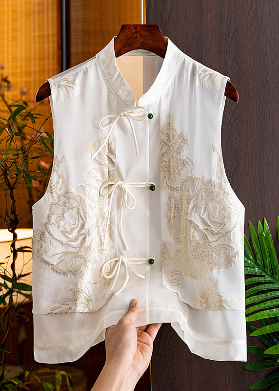 Handmade Black Stand Collar Embroidered Button Silk Cardigans Sleeveless