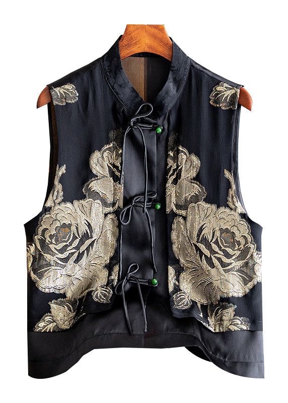 Handmade Black Stand Collar Embroidered Button Silk Cardigans Sleeveless