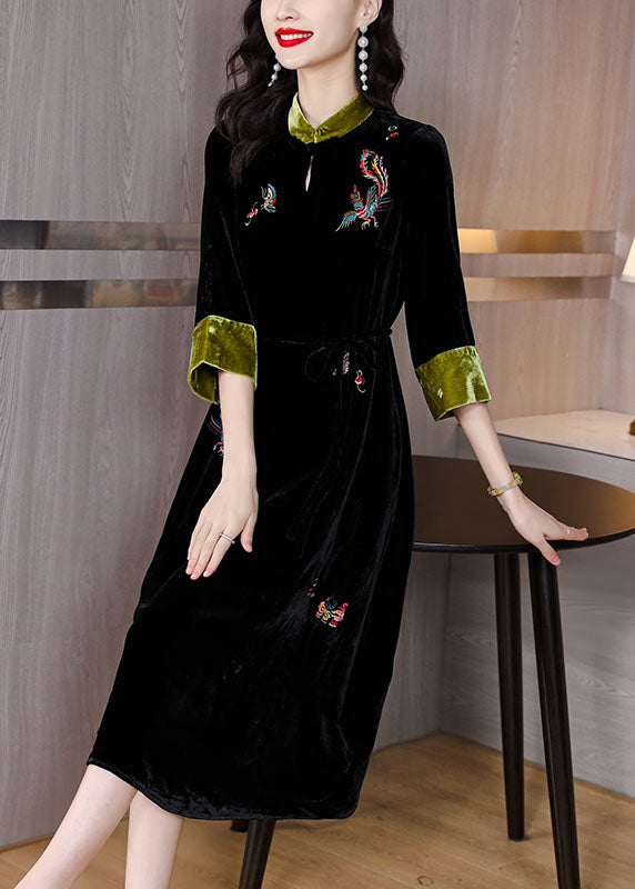 Handmade Black Stand Collar Embroidered Pockets Silk Velour Long Dresses Long Sleeve