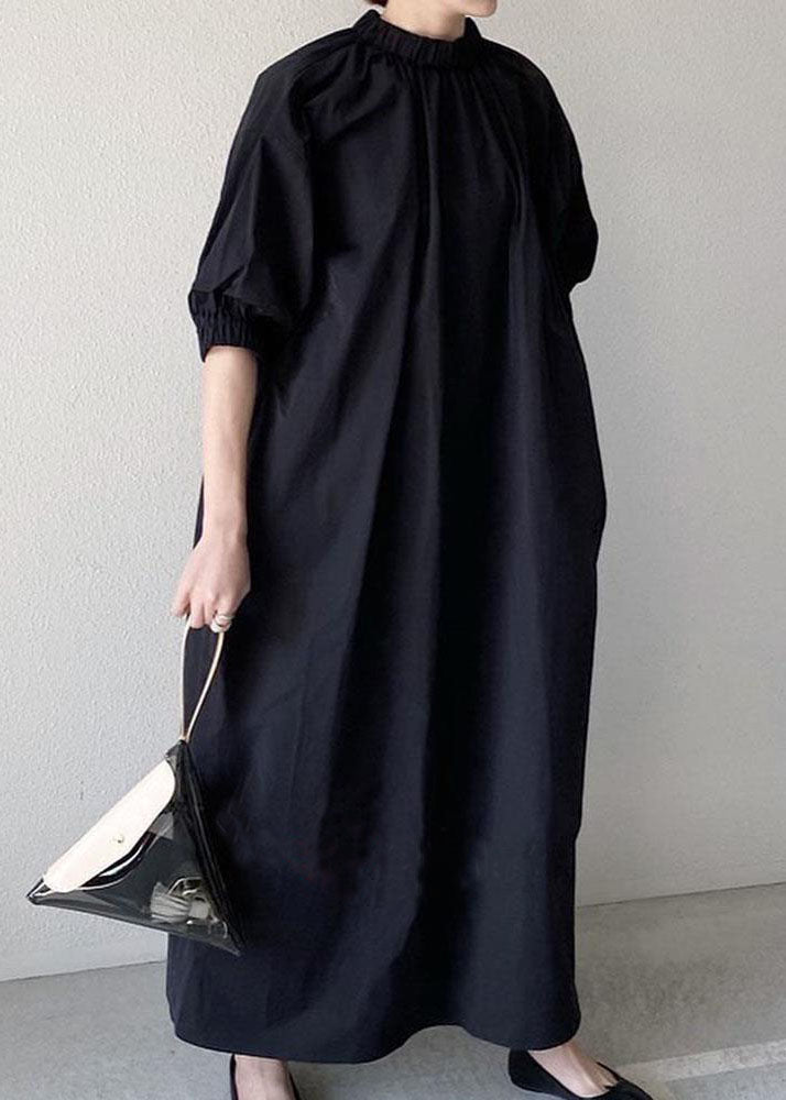 Handmade Black Stand Collar Patchwork Cotton Long Dress Half Sleeve