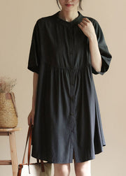 Handmade Black Stand Collar Patchwork Cotton Shirt Dress Summer