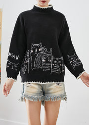 Handmade Black Stand Collar Print Knit Short Sweater Winter