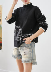 Handmade Black Stand Collar Print Knit Short Sweater Winter