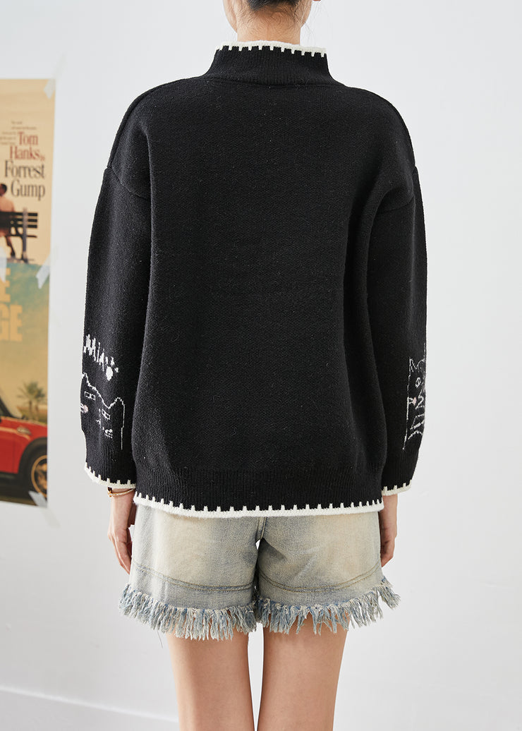 Handmade Black Stand Collar Print Knit Short Sweater Winter