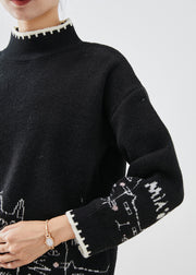 Handmade Black Stand Collar Print Knit Short Sweater Winter