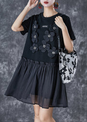 Handmade Black Stereoscopic Flower Patchwork Cotton Dresses Summer