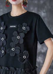 Handmade Black Stereoscopic Flower Patchwork Cotton Dresses Summer