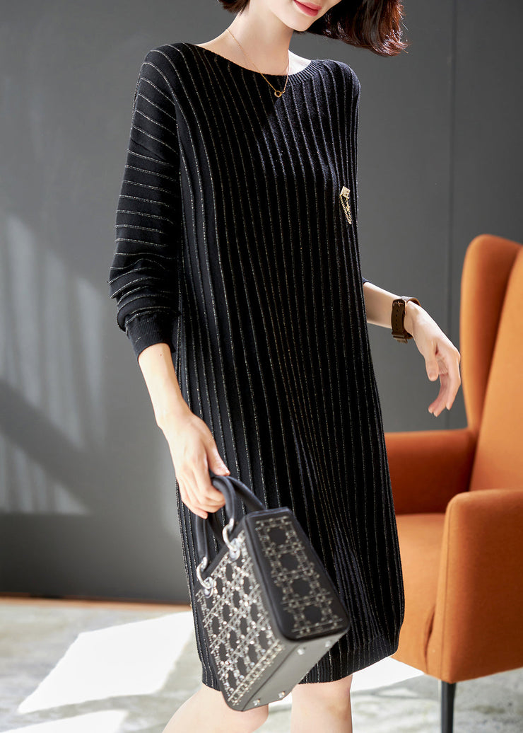 Handmade Black Striped Knit Pullover Streetwear Dress Spring