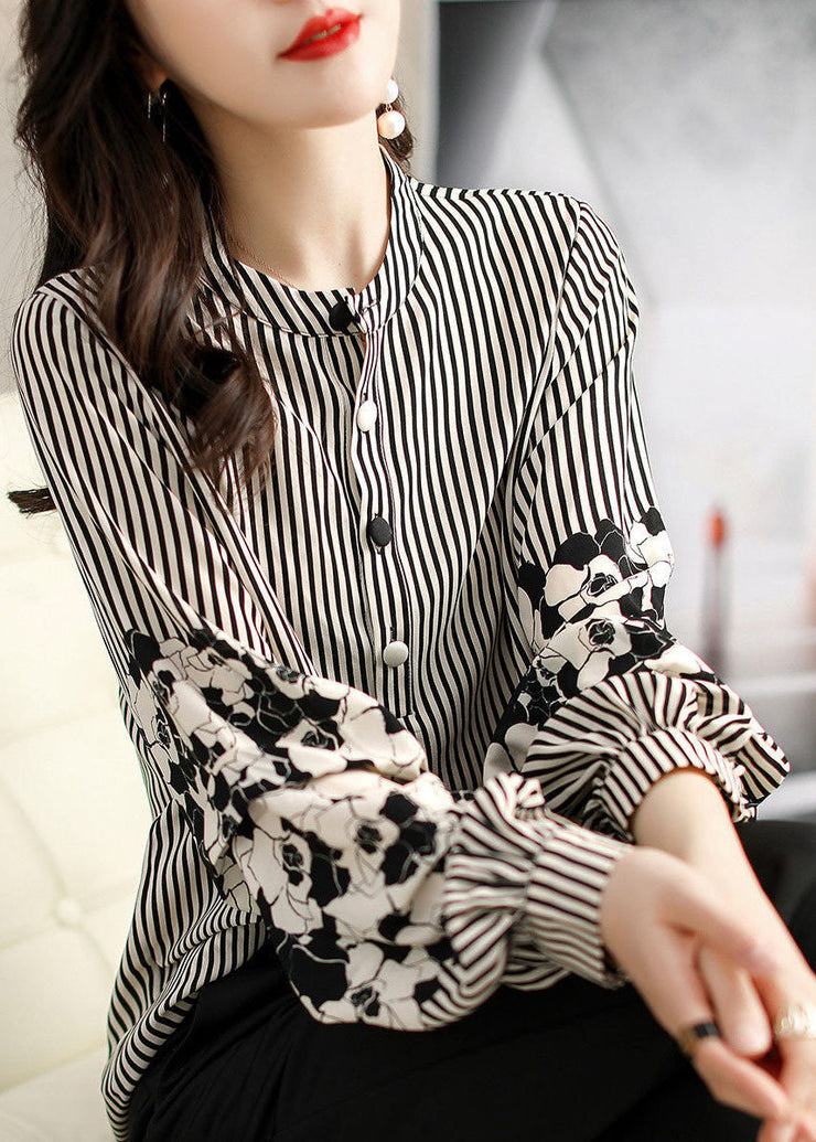 Handmade Black Striped Stand Collar Patchwork Print Chiffon Shirt Long Sleeve