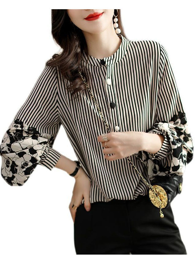 Handmade Black Striped Stand Collar Patchwork Print Chiffon Shirt Long Sleeve