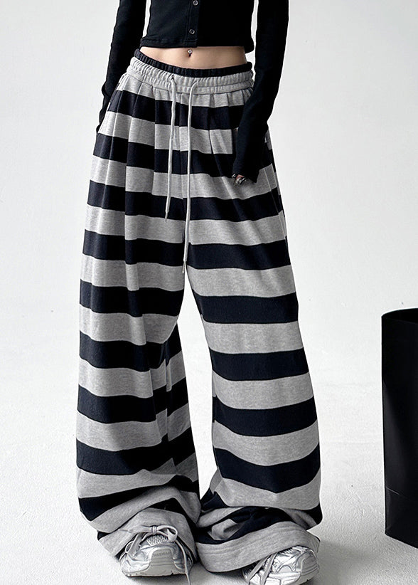 Handmade Black Striped Tie Waist Wide Leg Pants Spring