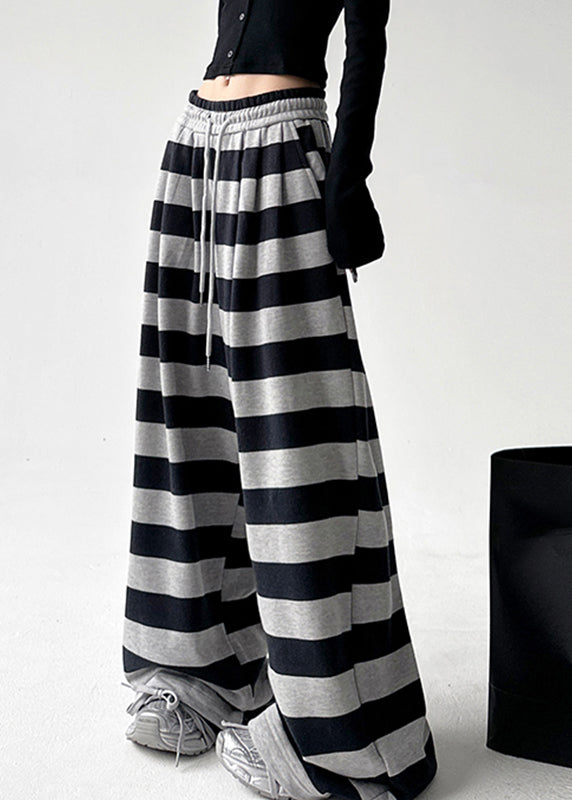 Handmade Black Striped Tie Waist Wide Leg Pants Spring