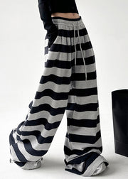 Handmade Black Striped Tie Waist Wide Leg Pants Spring