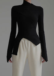 Handmade Black Turtleneck Wrinkled Knit Top Spring