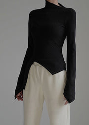 Handmade Black Turtleneck Wrinkled Knit Top Spring