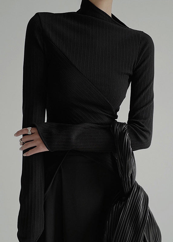 Handmade Black Turtleneck Wrinkled Knit Top Spring