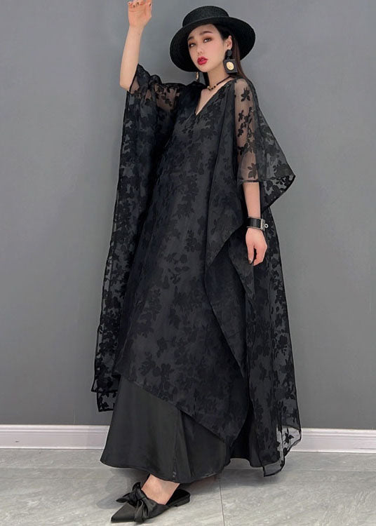 Handmade Black V Neck Embroideried Asymmetrical Design Silk Tulle Long Dress Batwing Sleeve