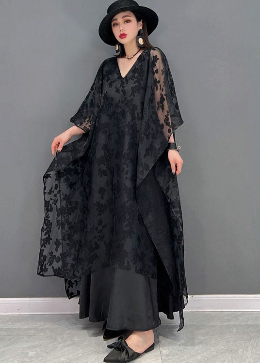 Handmade Black V Neck Embroideried Asymmetrical Design Silk Tulle Long Dress Batwing Sleeve