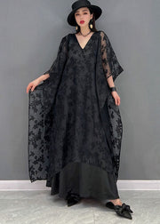 Handmade Black V Neck Embroideried Asymmetrical Design Silk Tulle Long Dress Batwing Sleeve