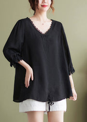 Handmade Black V Neck Patchwork Cotton Tops Half Sleeve