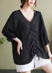 Handmade Black V Neck Patchwork Cotton Tops Half Sleeve