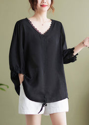 Handmade Black V Neck Patchwork Cotton Tops Half Sleeve