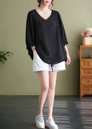 Handmade Black V Neck Patchwork Cotton Tops Half Sleeve