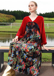 Handmade Black V Neck Print Silk Velour Patchwork Maxi Dresses Fall