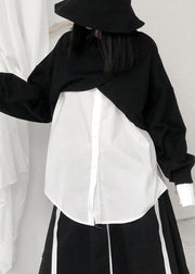 Handmade Black White Patchwork O-Neck Button Cotton Top Long Sleeve