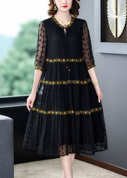 Handmade Black Wrinkled Embroidered Patchwork Silk Dress Summer