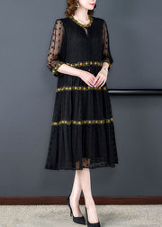 Handmade Black Wrinkled Embroideried Patchwork Silk Dress Summer