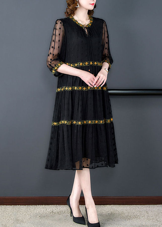 Handmade Black Wrinkled Embroidered Patchwork Silk Dress Summer