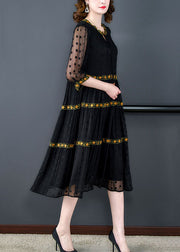 Handmade Black Wrinkled Embroideried Patchwork Silk Dress Summer