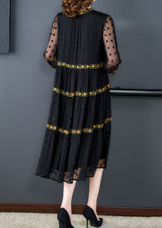 Handmade Black Wrinkled Embroideried Patchwork Silk Dress Summer