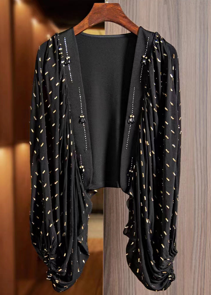 Handmade Black Zircon Wrinkled Patchwork Cotton Cardigan Long Sleeve