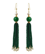 Handmade Blackish Green 14K Gold Pearl Dry Green Glass Beads Drop Earrings